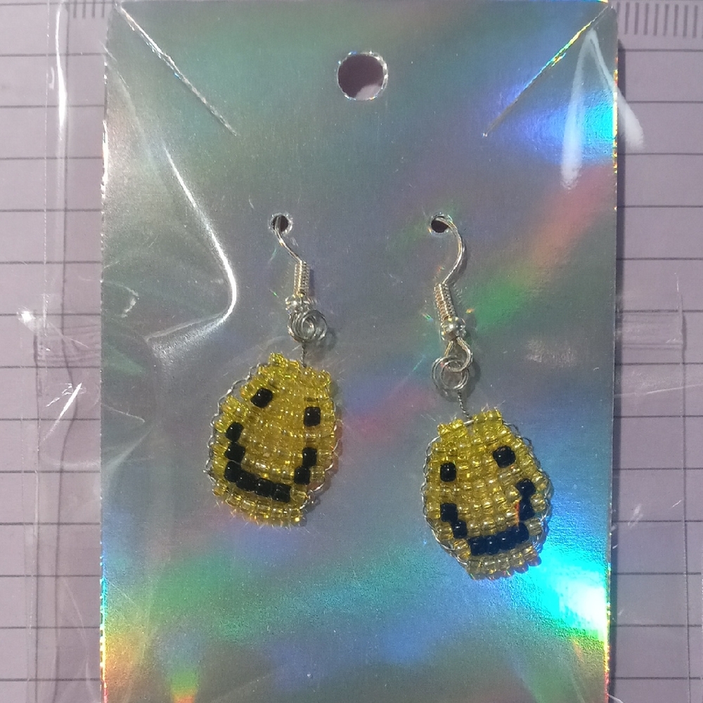 Yellow Beaded Smiley Face Earrings